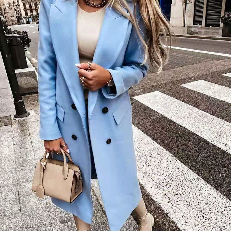 Women's Double Breasted Longline Lapel Coat