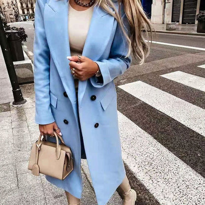 Women's Double Breasted Longline Lapel Coat