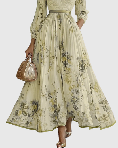 V Neck Pleated Maxi Dress With Ribbon Tie Waist
