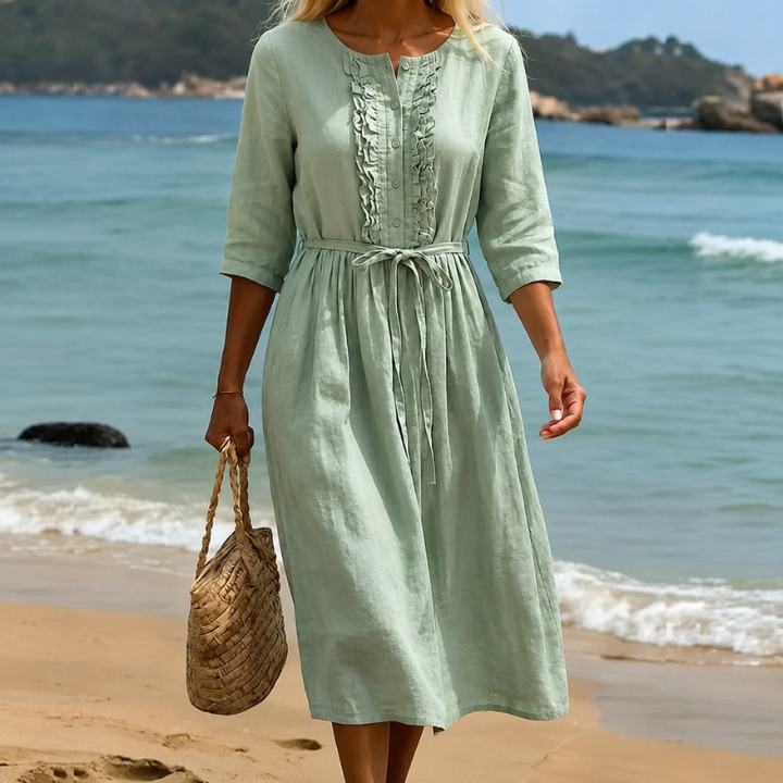 Round Neck Broderie Tie Waist Midi Dress