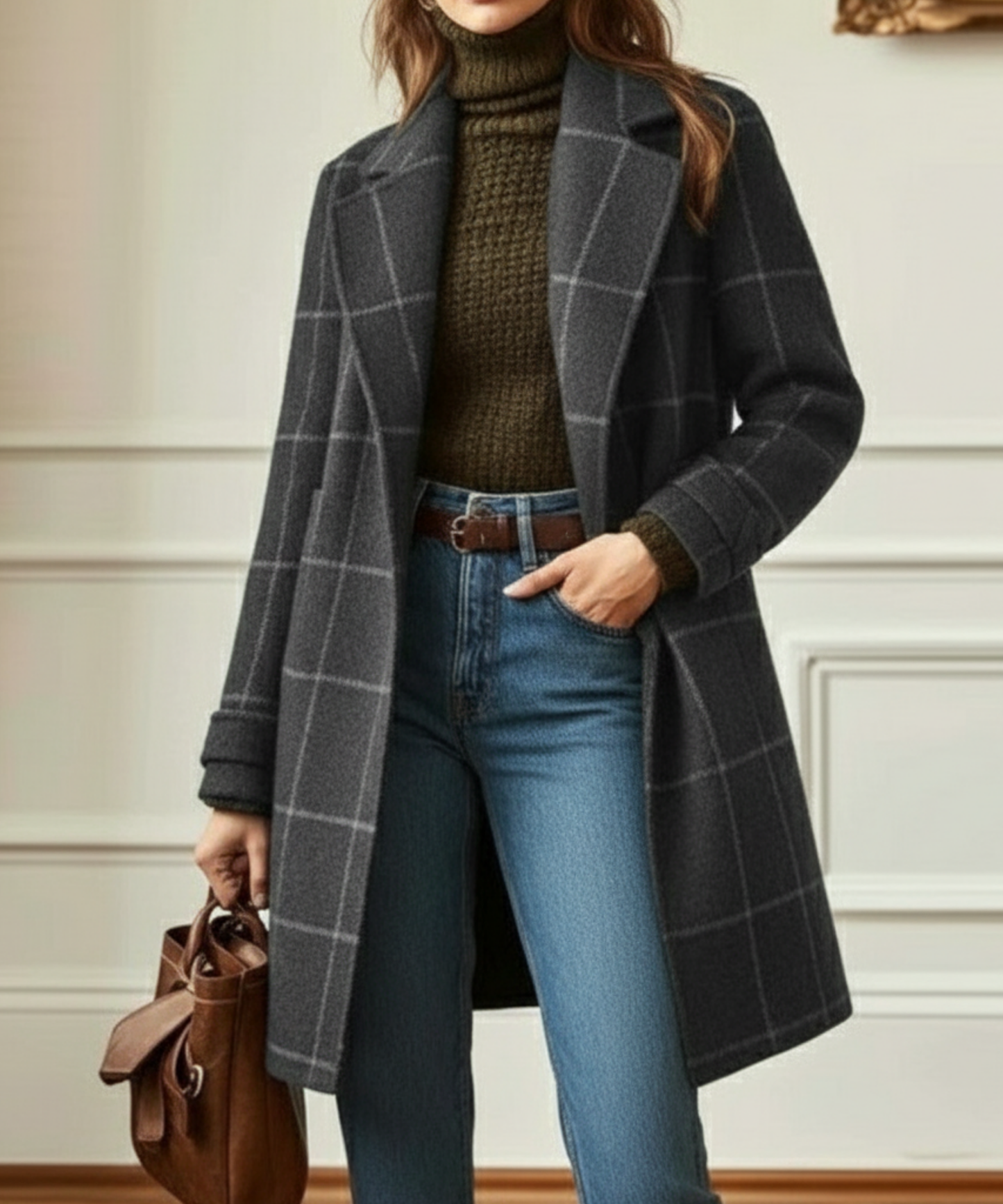 Women's Check Lapel Collar Coat