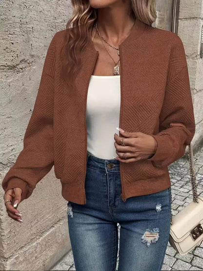 Women's Zip-Up Textured Knit Bomber Jacket