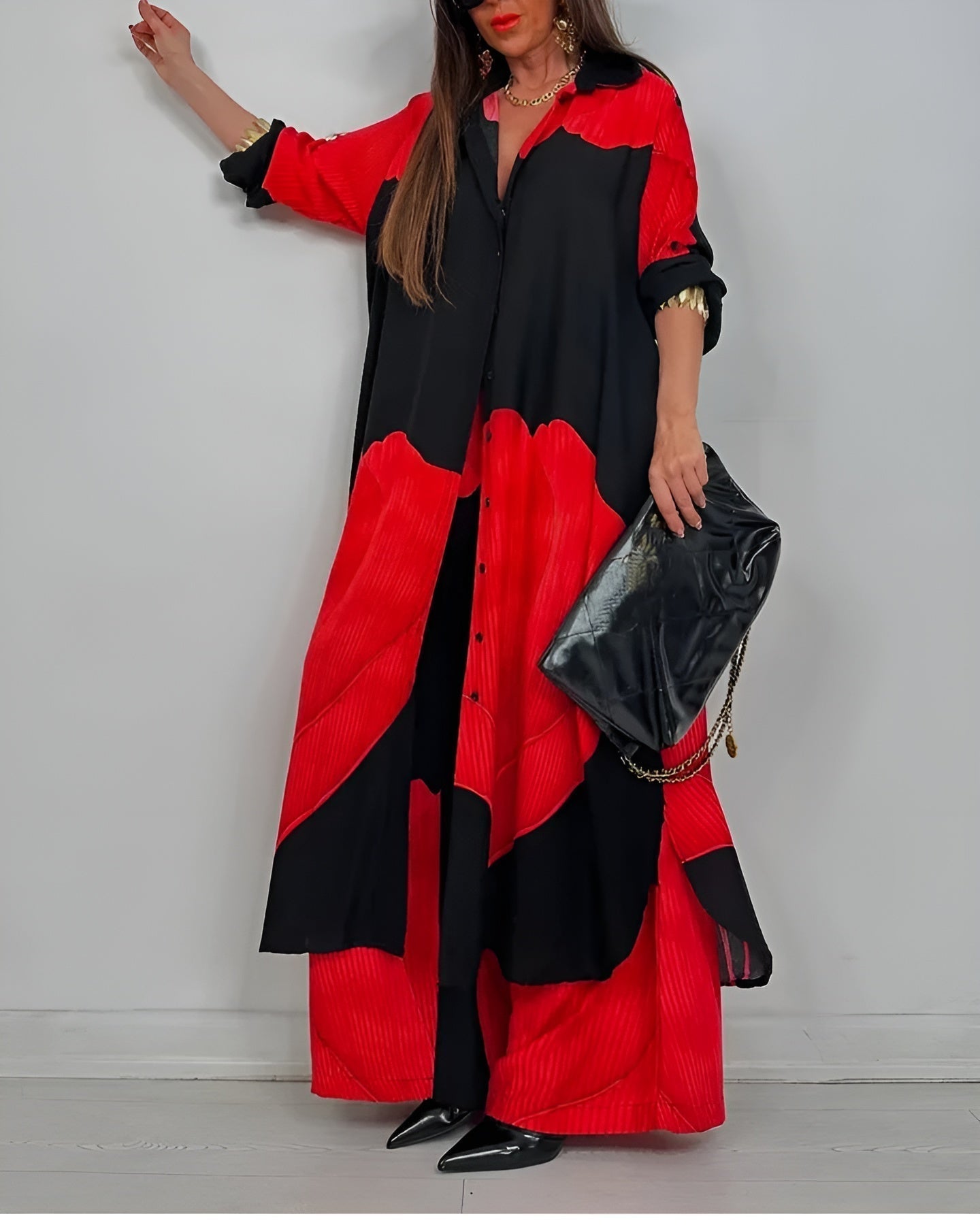 Printed Two Piece Set with Flowing Blouse and Wide Leg Pants