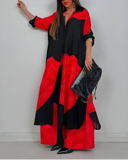 Printed Two Piece Set with Flowing Blouse and Wide Leg Pants