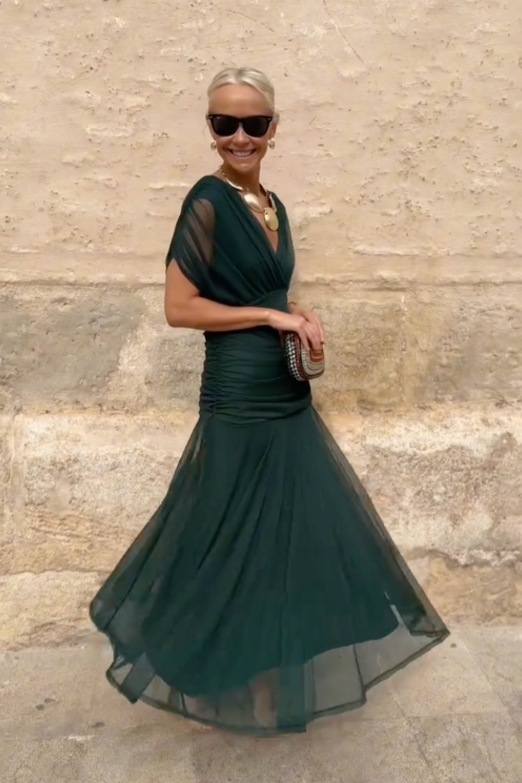 Gradient V Neck Pleated Maxi Dress