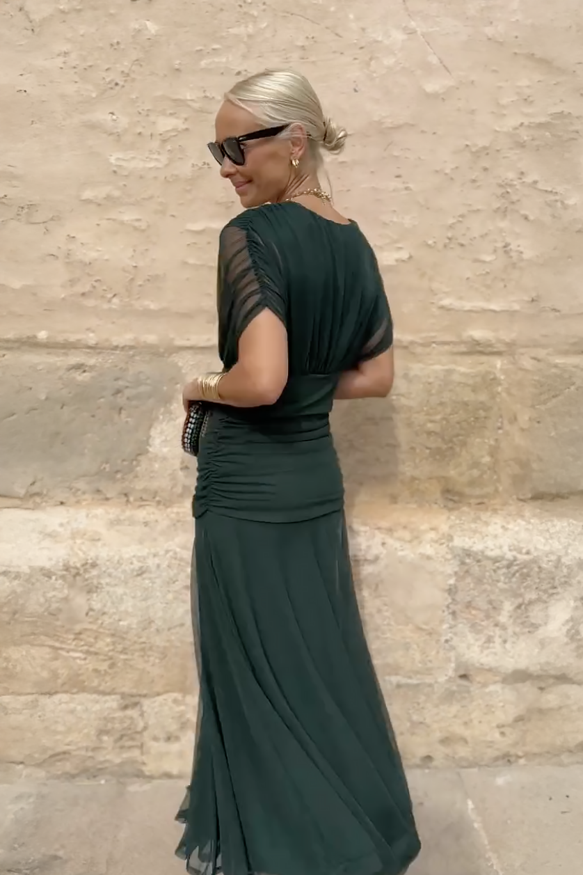 Gradient V Neck Pleated Maxi Dress