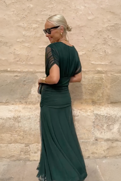 Gradient V Neck Pleated Maxi Dress