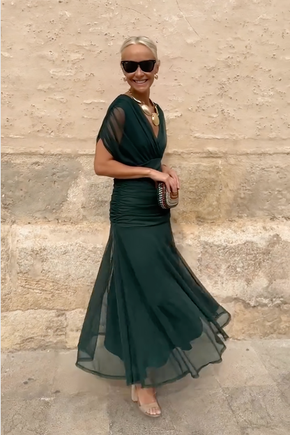 Gradient V Neck Pleated Maxi Dress