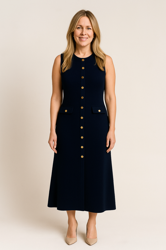 Sleeveless Ribbed Knit Midi Dress – Button-Front with Flap Pockets