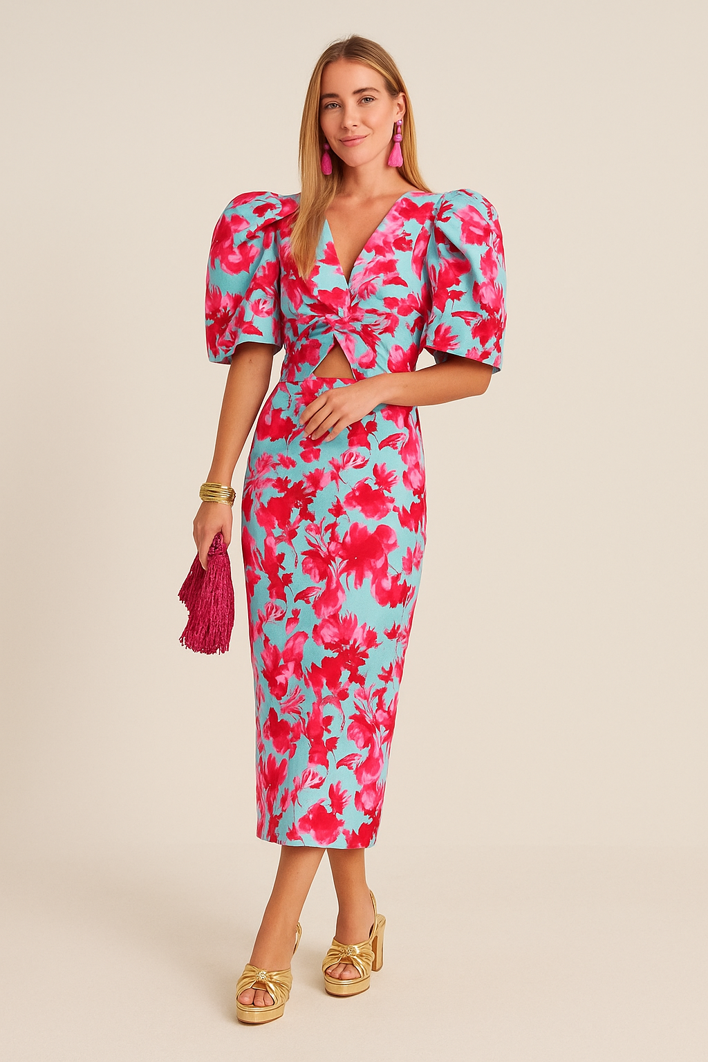 Puff Sleeve Printed Midi Dress – Effortless Style with a Flattering Fit
