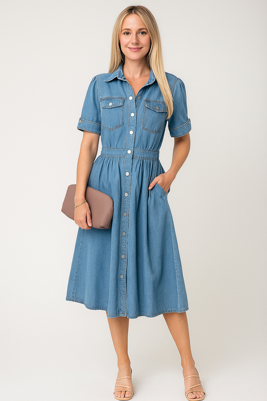 Denim Shirt Dress – Button Front, Pockets, Waist-Defined Fit