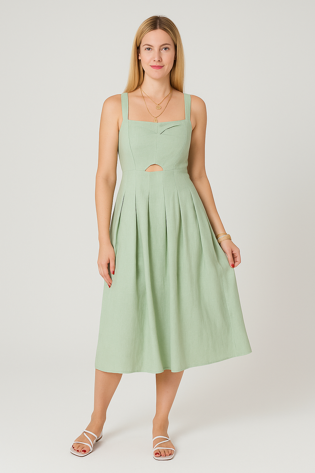 Linen Blend Midi Sundress – A-Line Fit with Cut-Out Waist