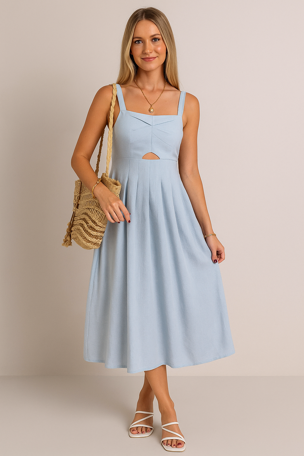 Linen Blend Midi Sundress – A-Line Fit with Cut-Out Waist