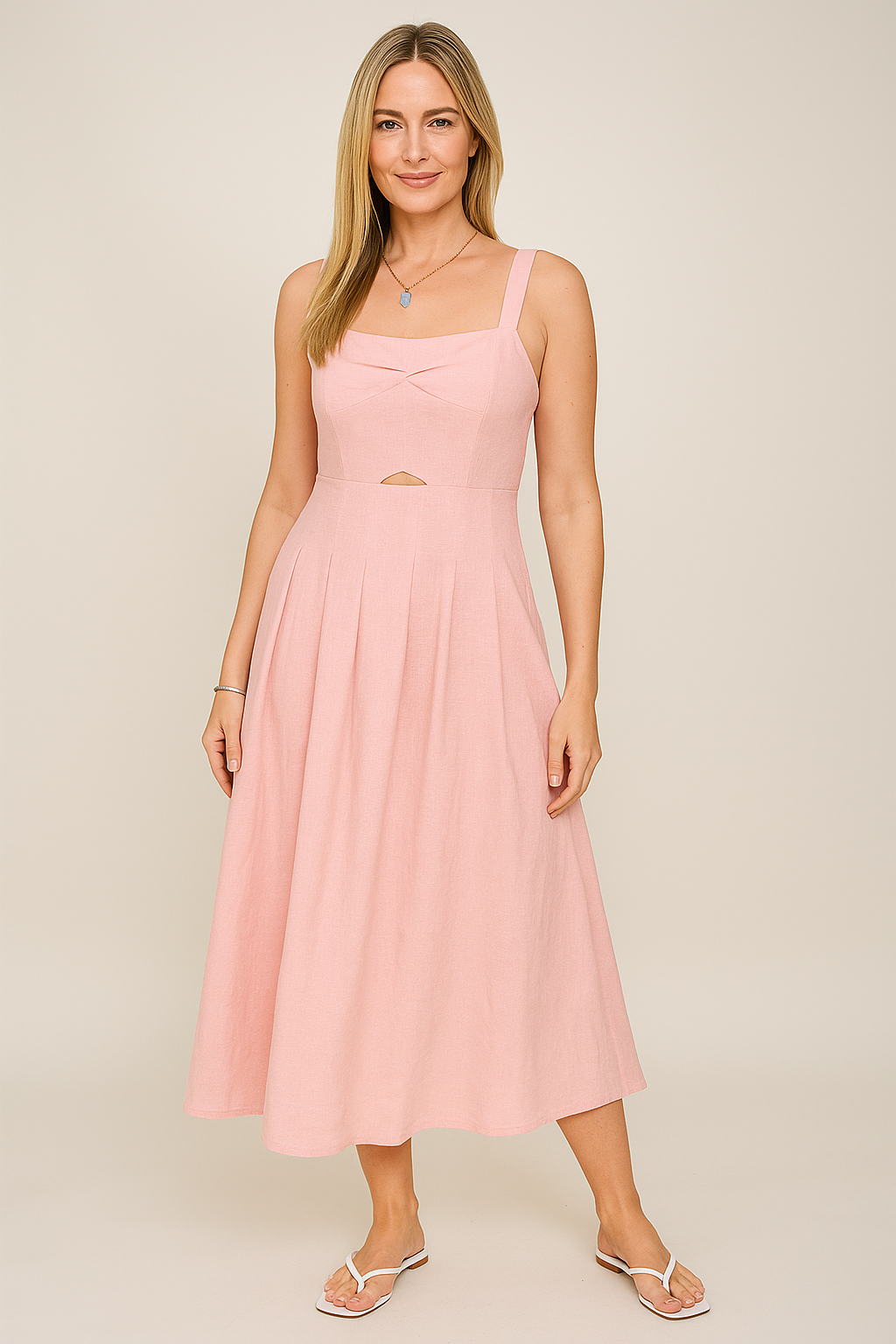 Linen Blend Midi Sundress – A-Line Fit with Cut-Out Waist