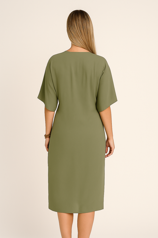 Elegant V-Neck Wrap Midi Dress – Adjustable Fit with Classic Silhouette