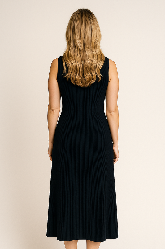 Sleeveless Ribbed Knit Midi Dress – Button-Front with Flap Pockets