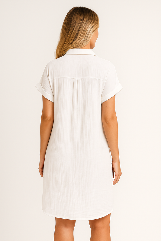 Long V-Neck Blouse – Button-Down Shirt Dress with Pockets