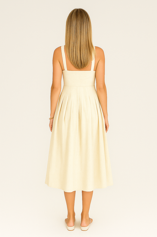 Linen Blend Midi Sundress – A-Line Fit with Cut-Out Waist