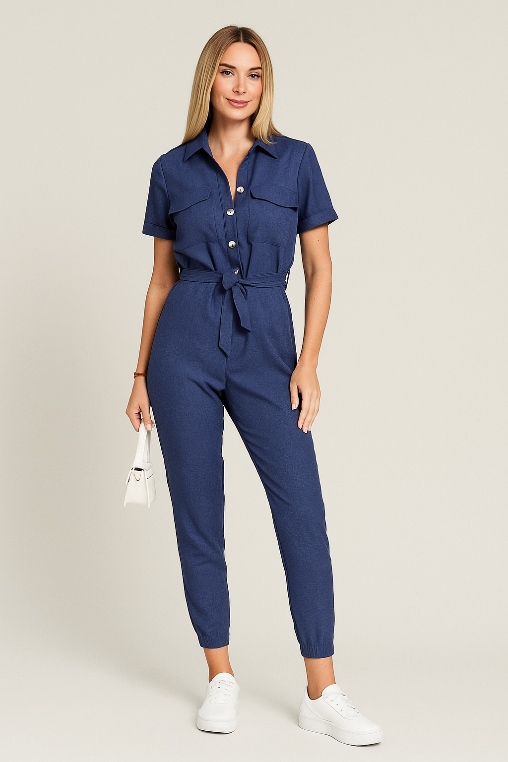 Short Sleeve Button Jumpsuit – Lightweight, Belted Fit
