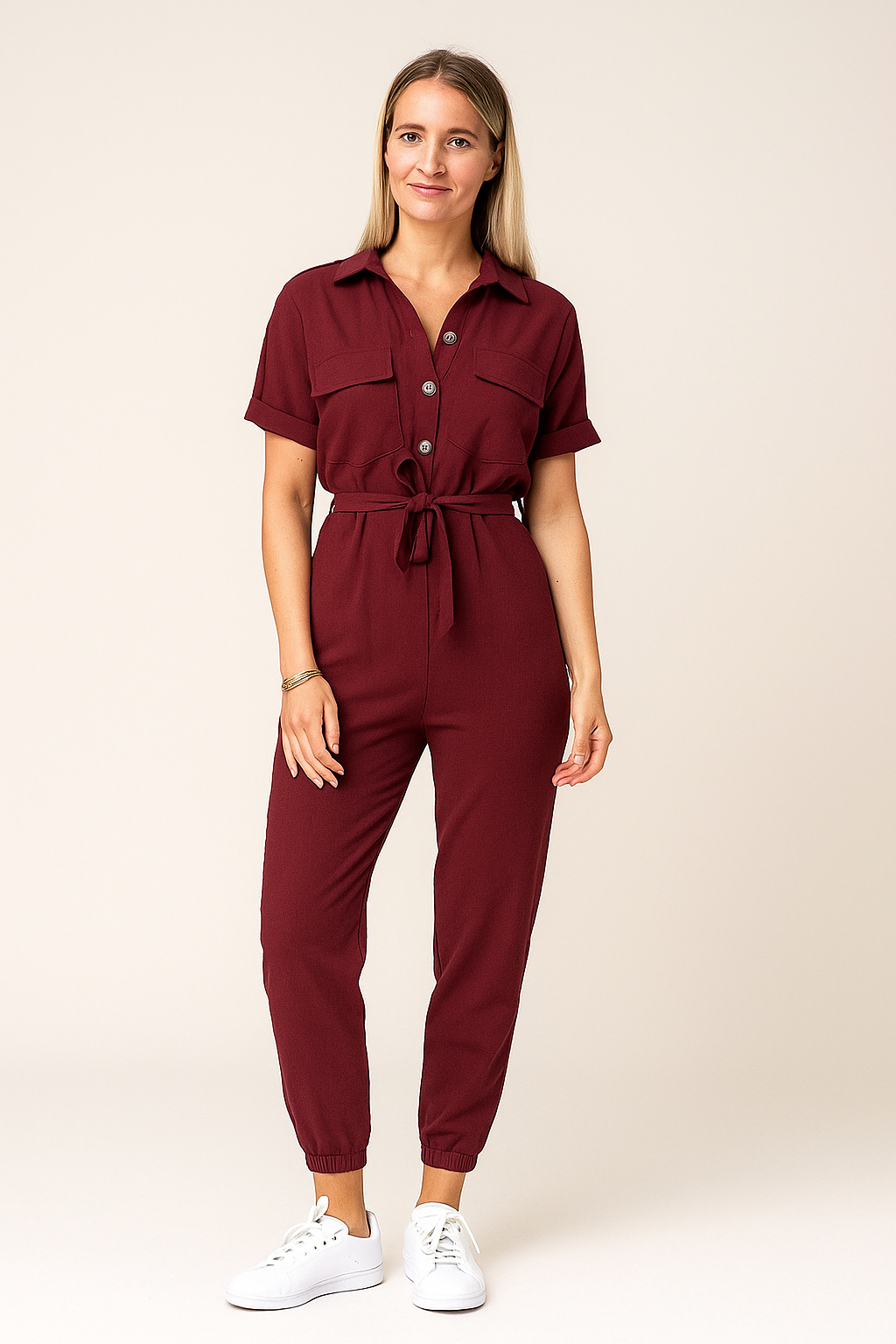 Short Sleeve Button Jumpsuit – Lightweight, Belted Fit