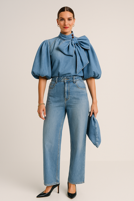 Stand-Up Collar Blouse with Bow Detail – Modern Balloon Sleeves