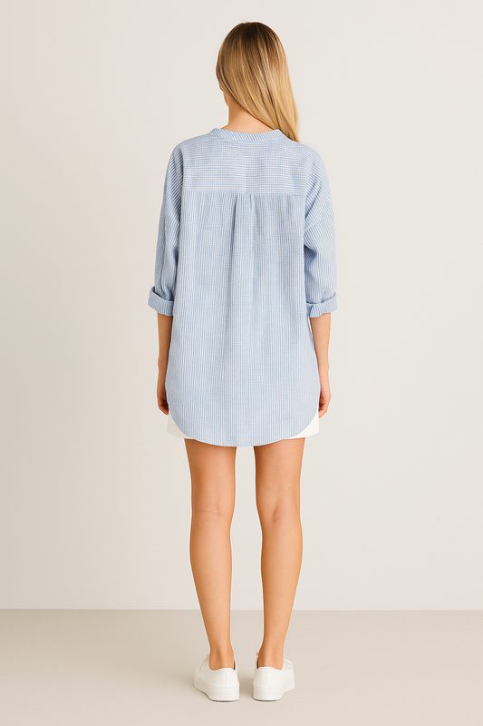 Striped Button-Up V-Neck Blouse – Long Sleeves, Loose Fit