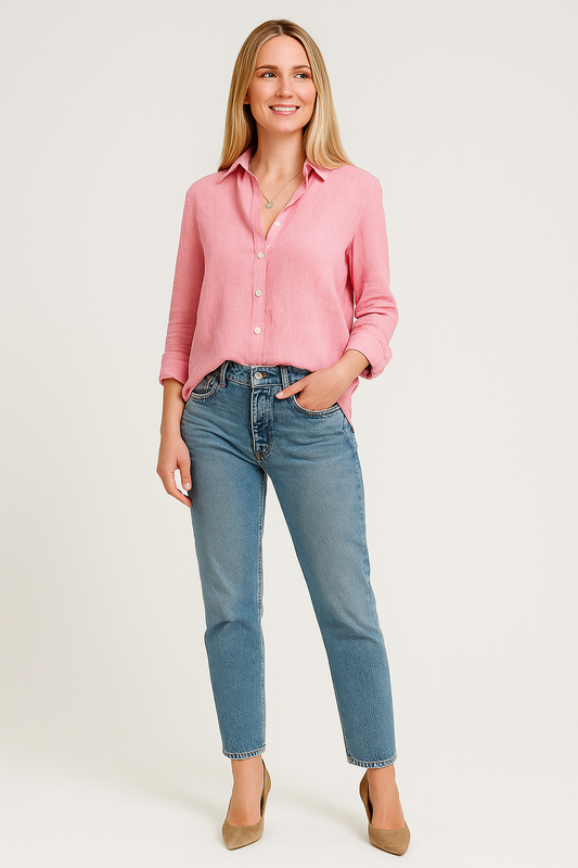 Cotton-Linen Button-Up Blouse – Relaxed Fit, Long Sleeves