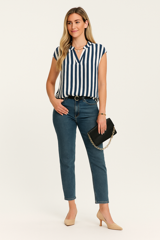 Striped V-Neck Blouse with Short Sleeves – Lightweight, Relaxed Fit
