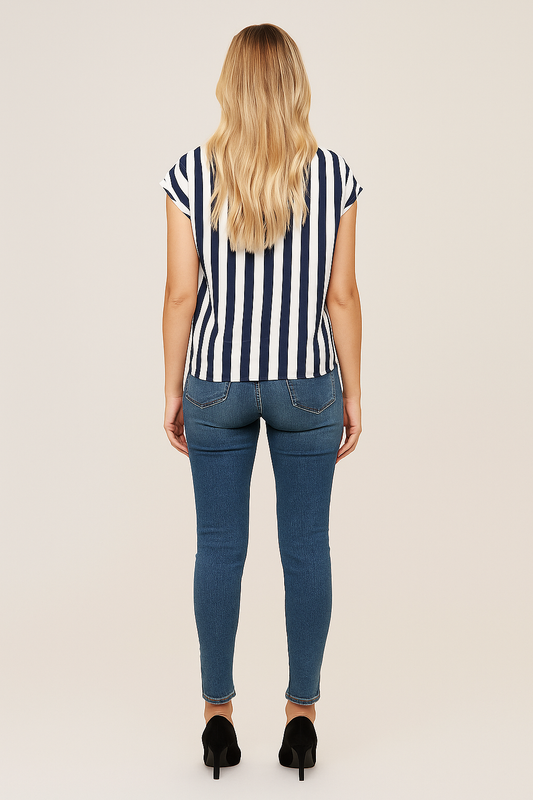 Striped V-Neck Blouse with Short Sleeves – Lightweight, Relaxed Fit