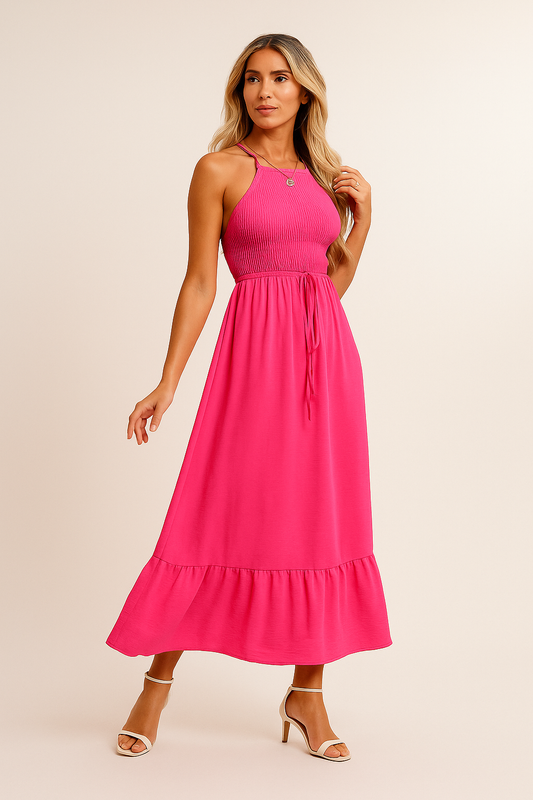 Halter Neck Maxi Dress – Smocked Waist & Ruffle Hem