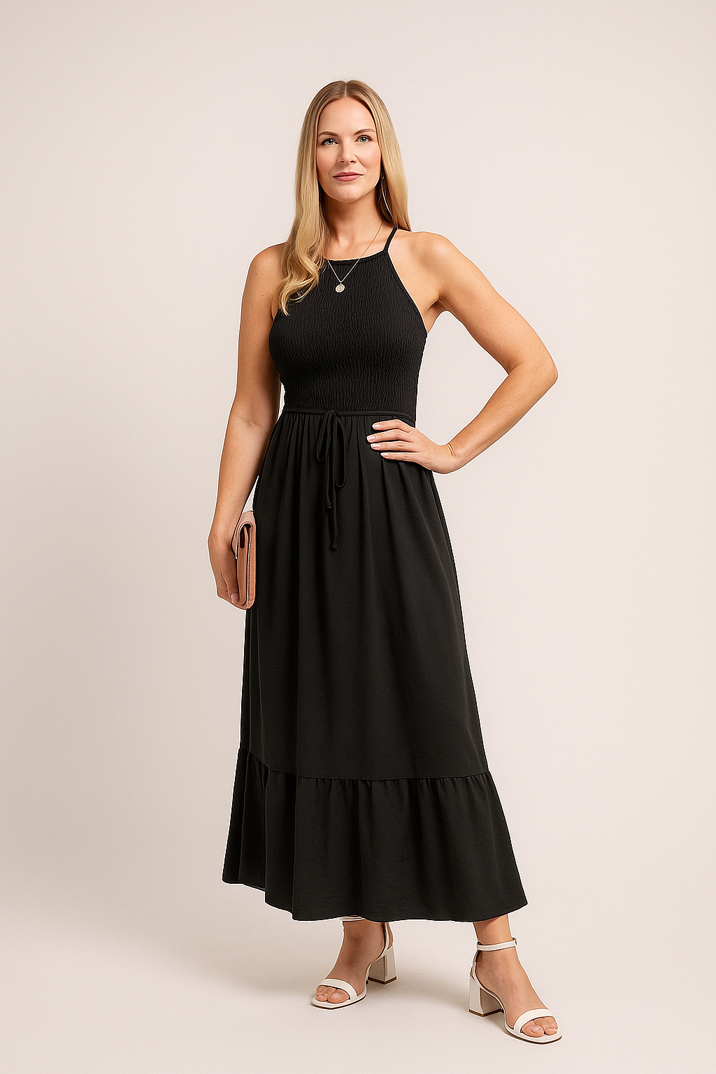 Halter Neck Maxi Dress – Smocked Waist & Ruffle Hem