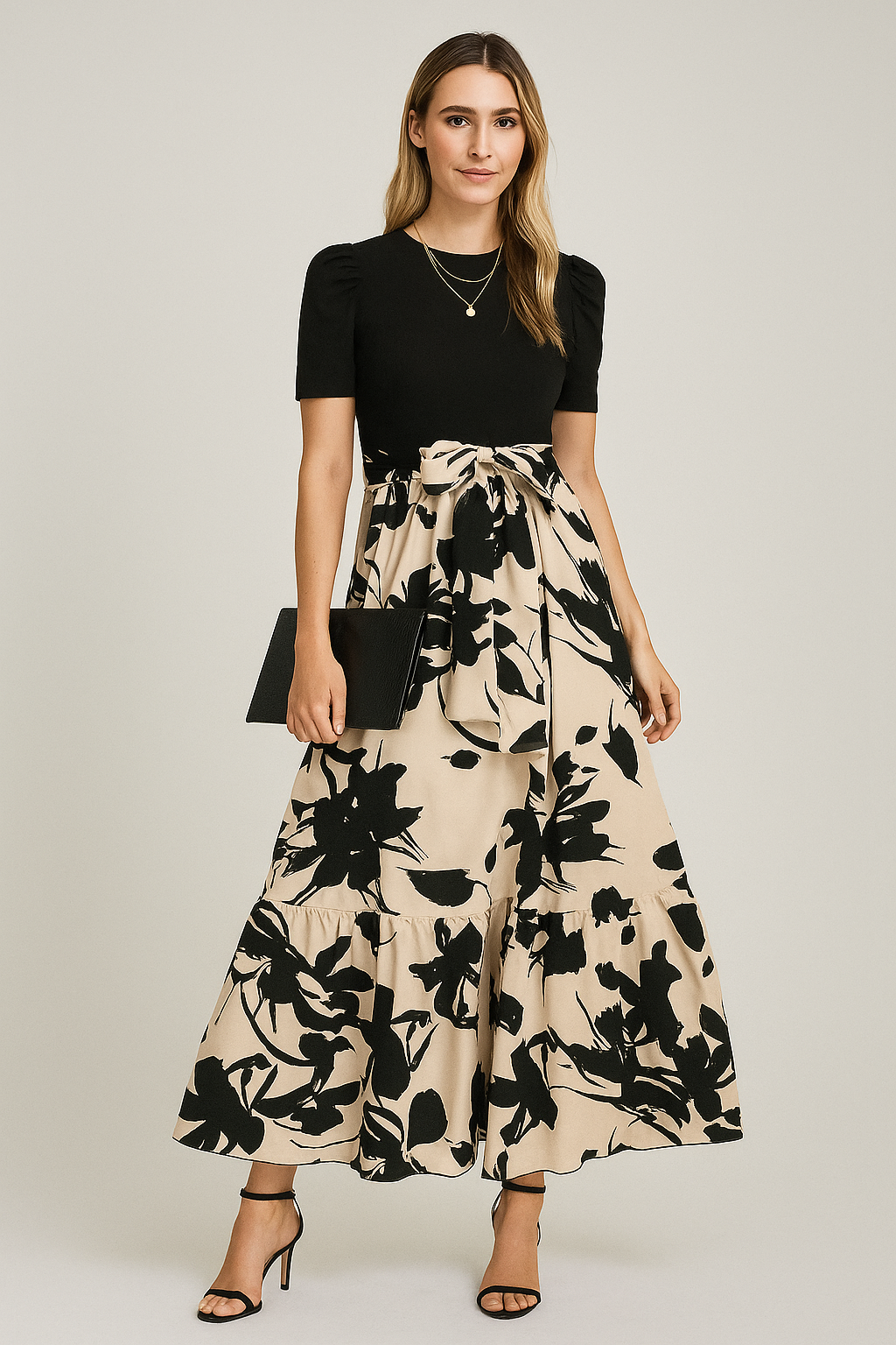 Puff Sleeve Floral Maxi Dress – Tie Waist, A-Line Fit
