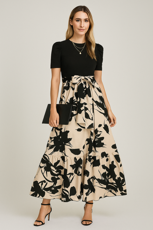 Puff Sleeve Floral Maxi Dress – Tie Waist, A-Line Fit