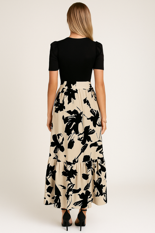 Puff Sleeve Floral Maxi Dress – Tie Waist, A-Line Fit