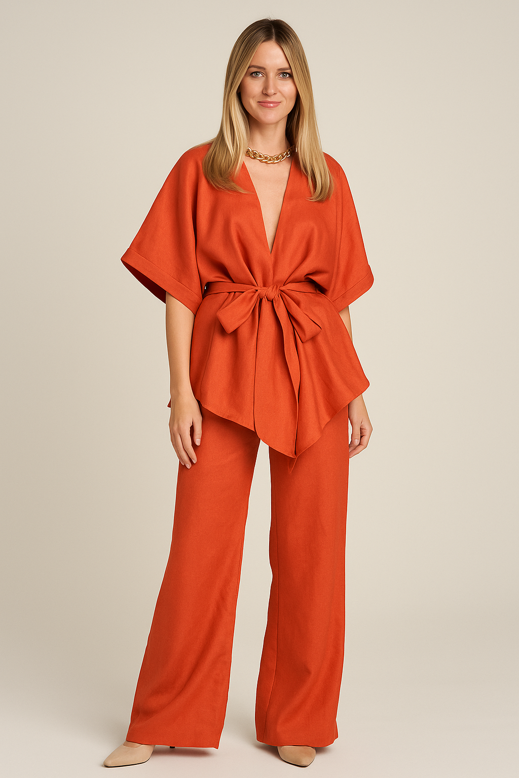 Oversized Linen Two-Piece Set – Tie Waist, Relaxed Fit