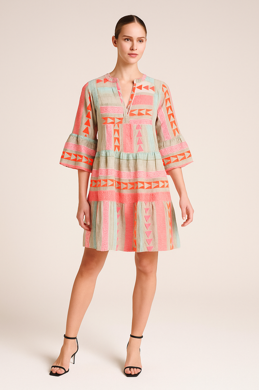Ruffle Mini Dress – A-Line Fit, V-Neck, Lightweight