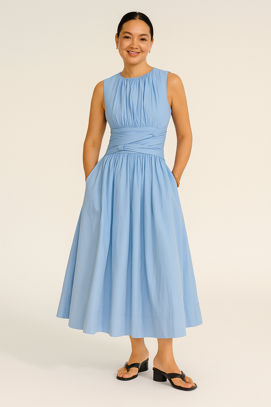 Ruched Waist Maxi Dress – Sleeveless, Crew Neck, Woven Fabric