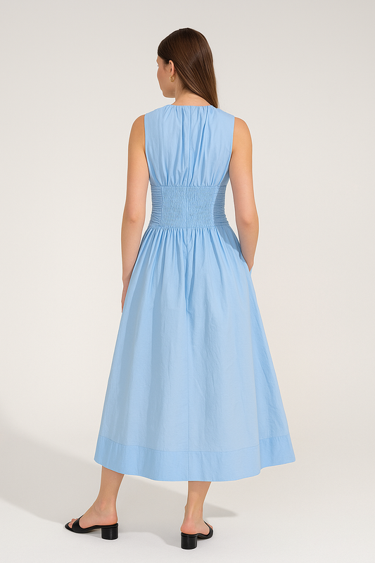 Ruched Waist Maxi Dress – Sleeveless, Crew Neck, Woven Fabric