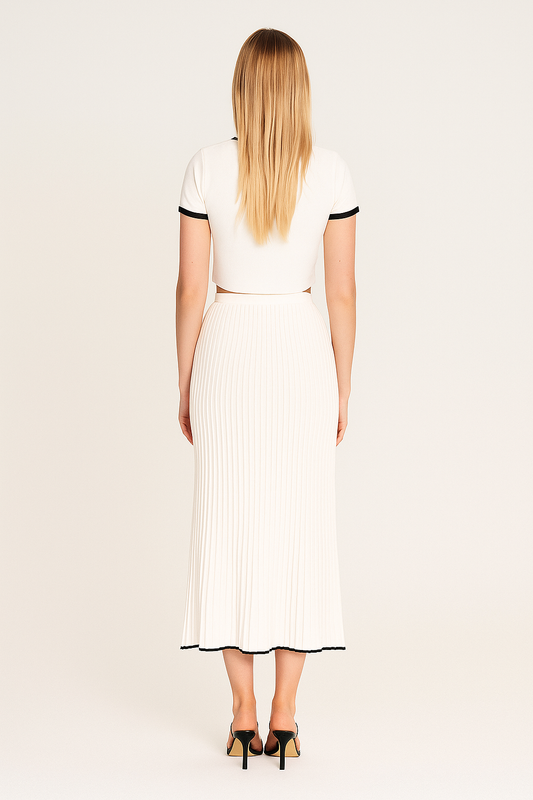 Knit Sweater Skirt Set with Contrast Trim – Slim Fit, Pleated Design