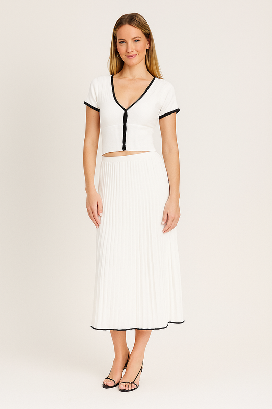 Knit Sweater Skirt Set with Contrast Trim – Slim Fit, Pleated Design