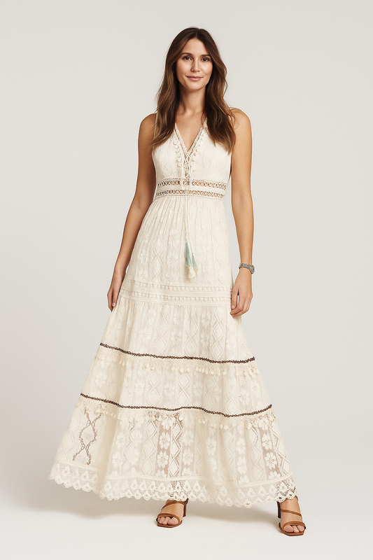 Boho-Style Midi Dress – V-Neck, Lined, Lightweight Design