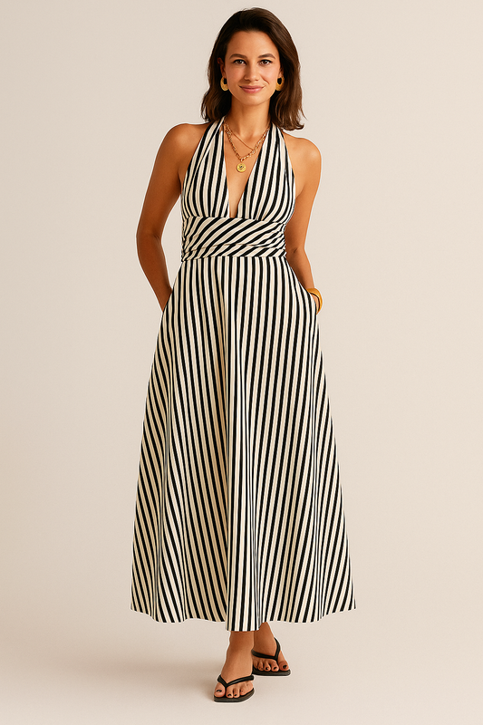 Striped Maxi Dress – Backless, Knotted Halter Neck, With Pockets