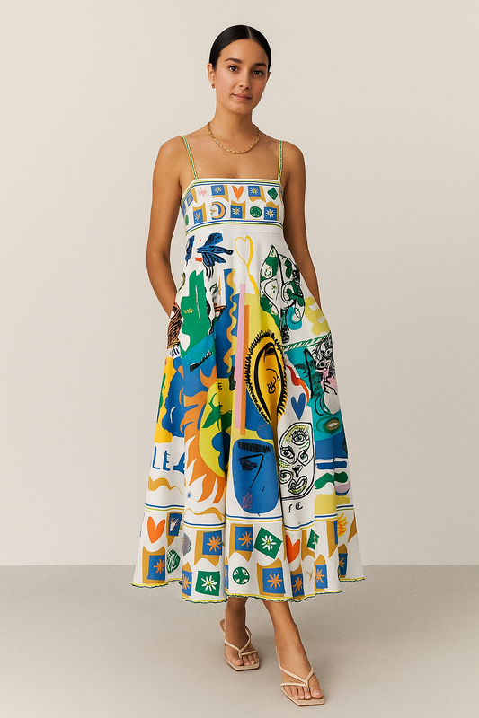 Linen Summer Dress with Colorful Print – Relaxed Fit, Lightweight