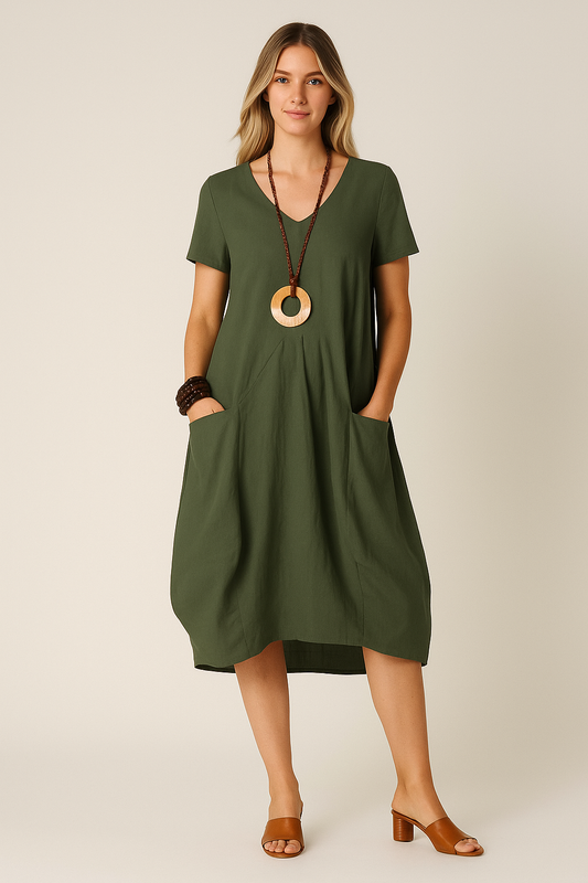 Stretch Cotton A-Line Dress with Pockets – Knee Length, Round Neck