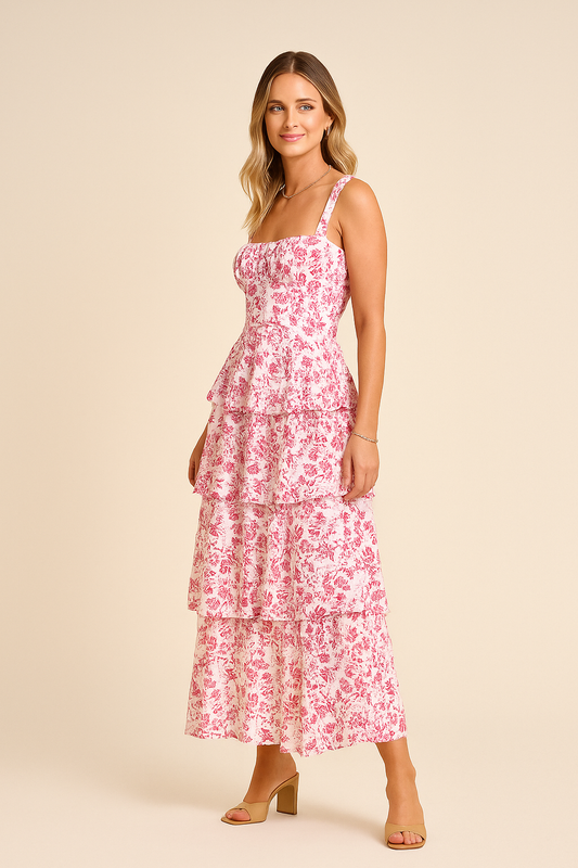 Tiered Floral Maxi Dress with Bow-Back Detail – Adjustable Straps