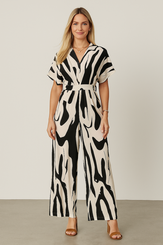Printed V-Neck Jumpsuit – Relaxed Fit, Straight-Leg Silhouette