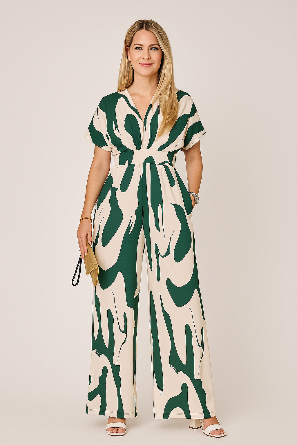 Printed V-Neck Jumpsuit – Relaxed Fit, Straight-Leg Silhouette