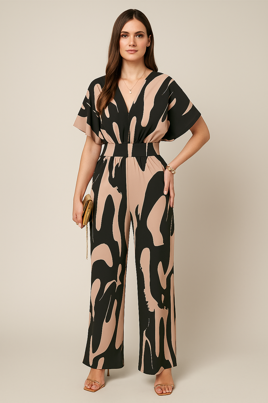 Printed V-Neck Jumpsuit – Relaxed Fit, Straight-Leg Silhouette