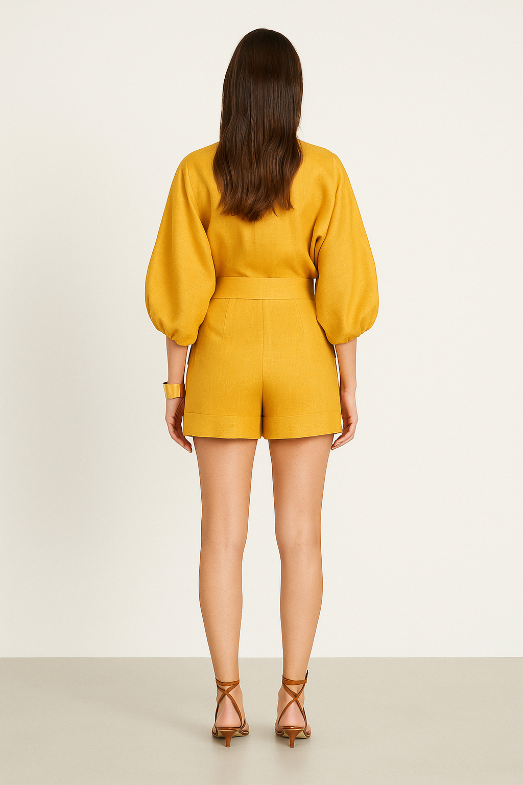 Cotton-Linen Belted Jumpsuit – Plunging Neckline, Long Sleeve