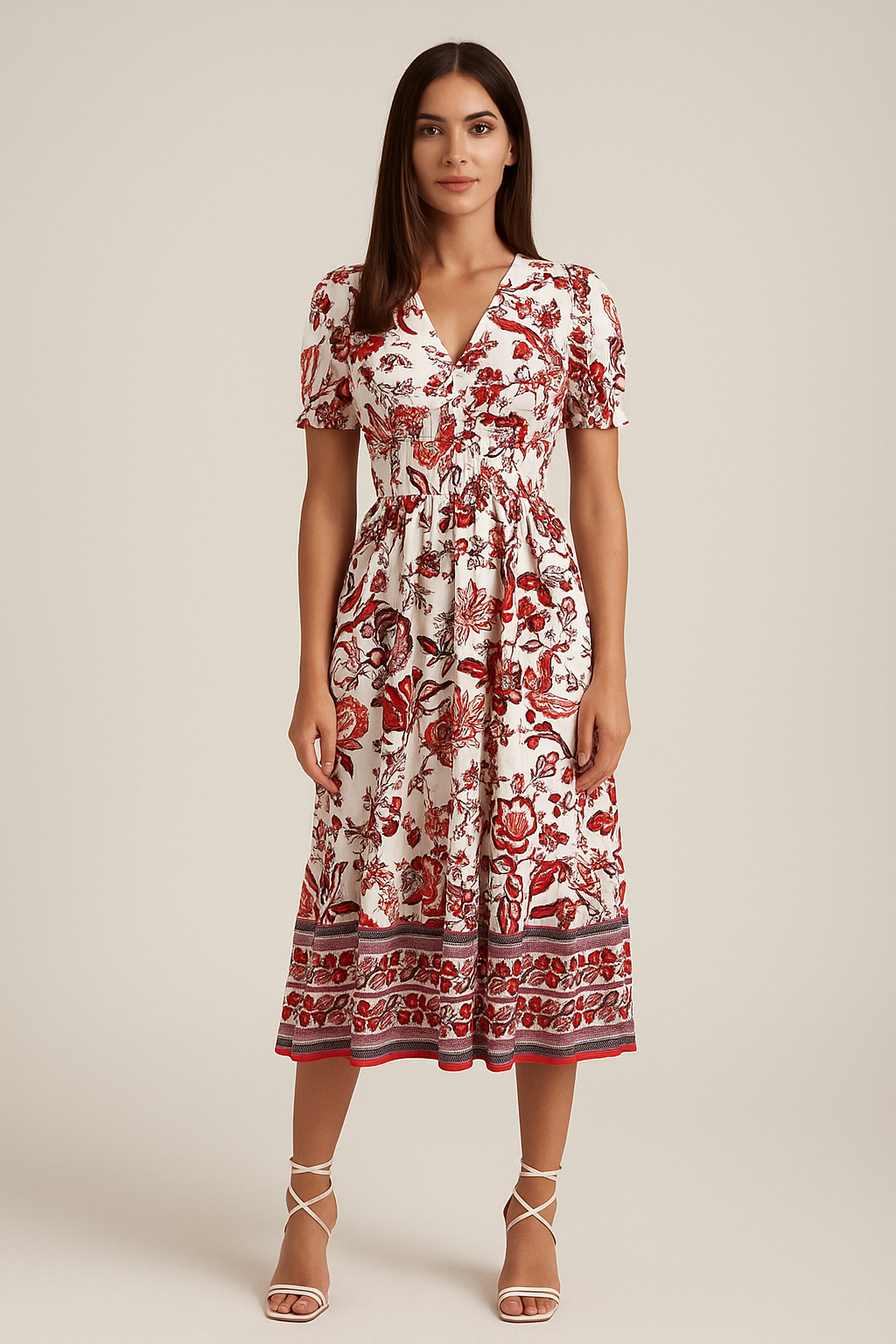 Floral Maxi Dress – Puff Sleeves, Cinched Waist & V-Neck